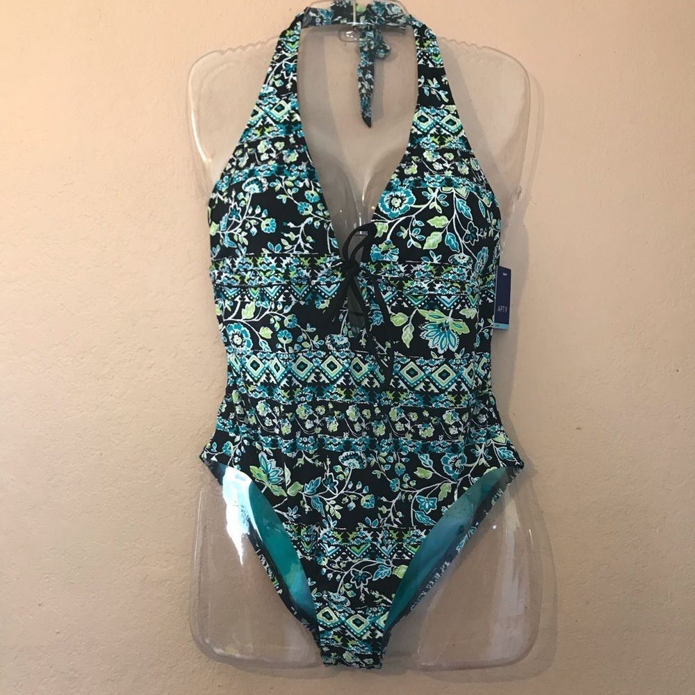 NWT Apt. 9 Women's One Piece Swimsuit Large Blue Paisley Low Plunge